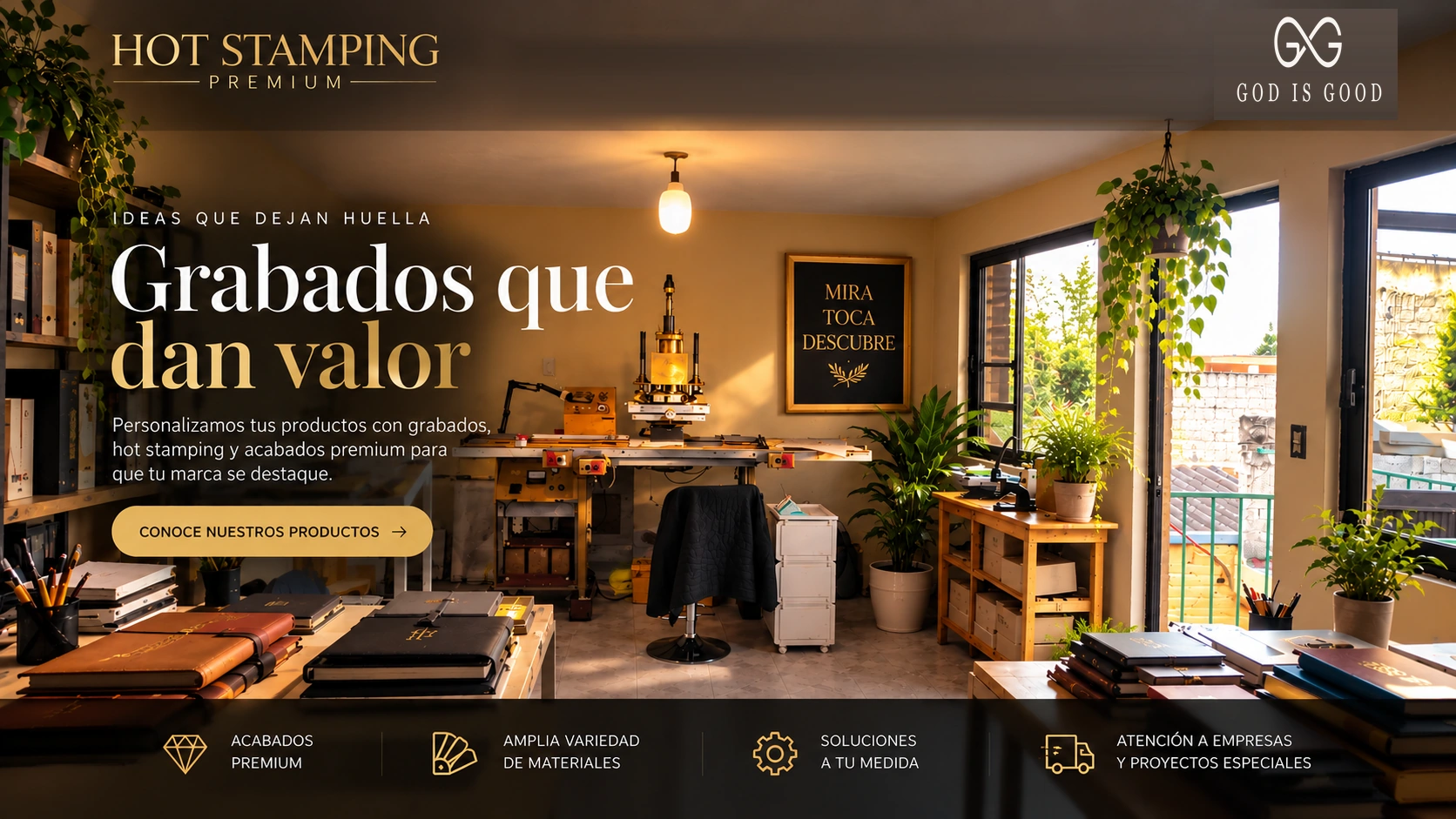Portada original aprobada de Hot Stamping Premium, con taller y mensaje Grabados que dan valor